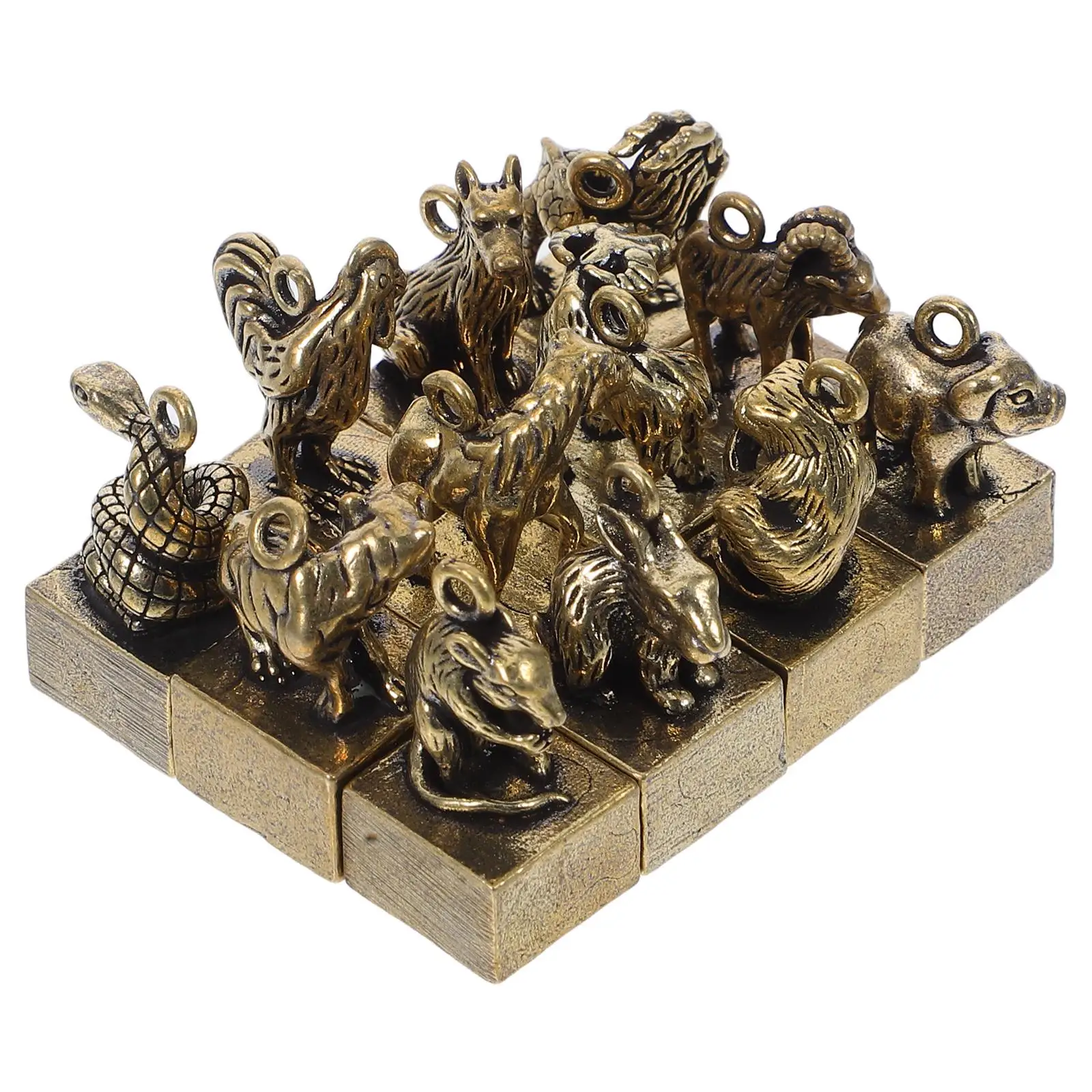 

12 Pcs Zodiac Ornaments Home Decor Chinese New Year Animals Statues Mini Office Desktop Figurines Brass Collection