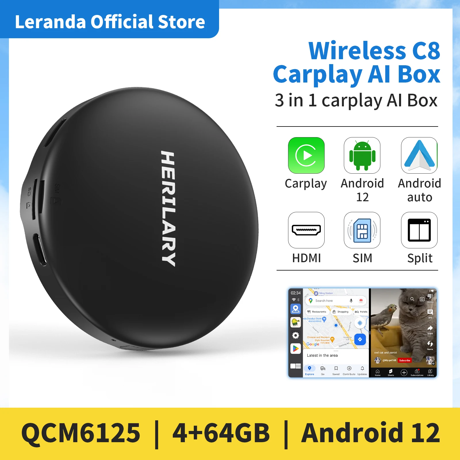 Leranda Wireless Carplay AI Box 4+64GB Touch Screen HDMI Output Auto WIFI AI Box Android 12.0 Adapter Bluetooth GPS Octa-core