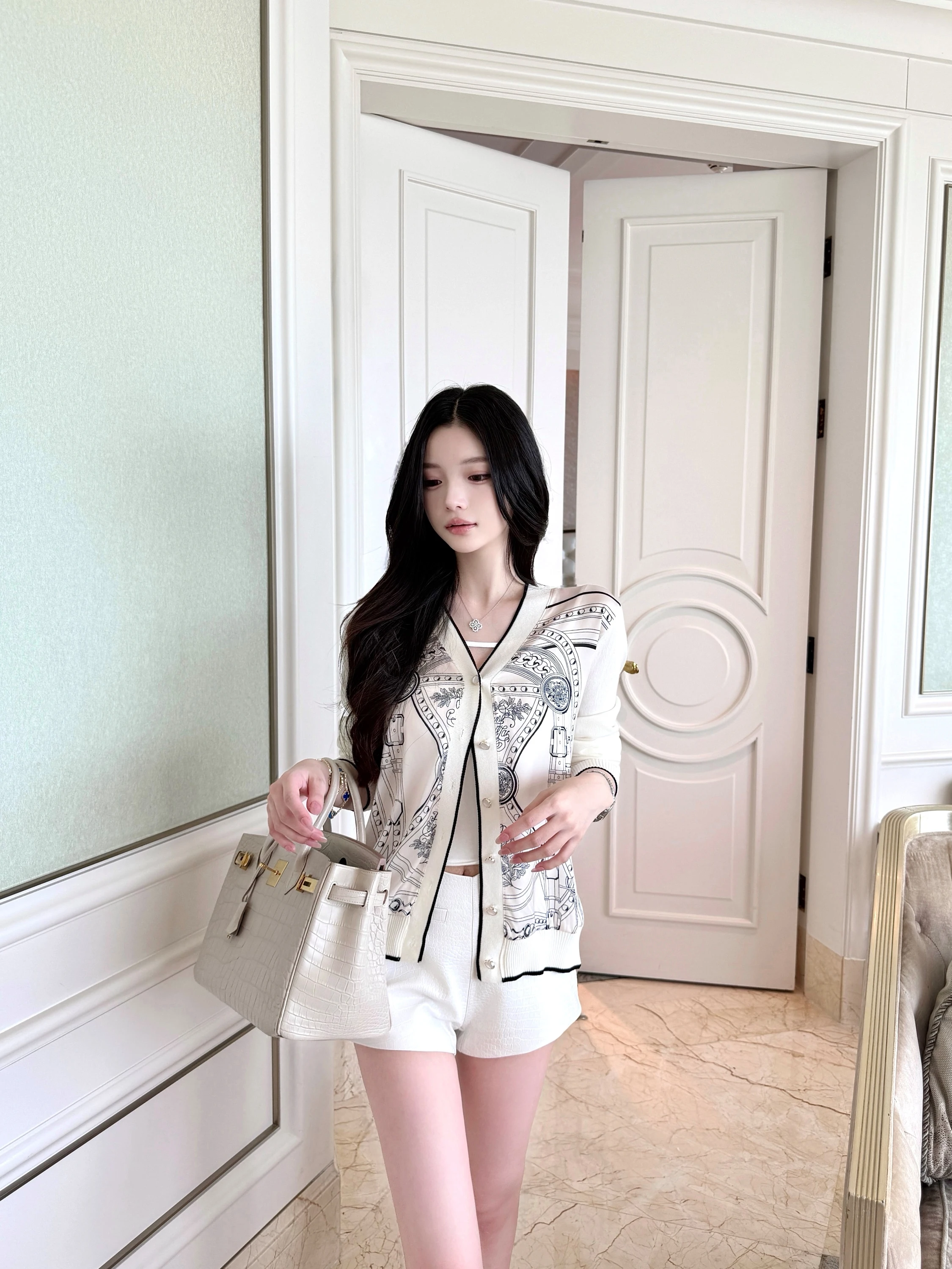 

Qiauuu Her Casual Printed Chain Coat Women's Long Sve V-Ne Button-Up Ele Leisure High-End Open Cardigan Jaet