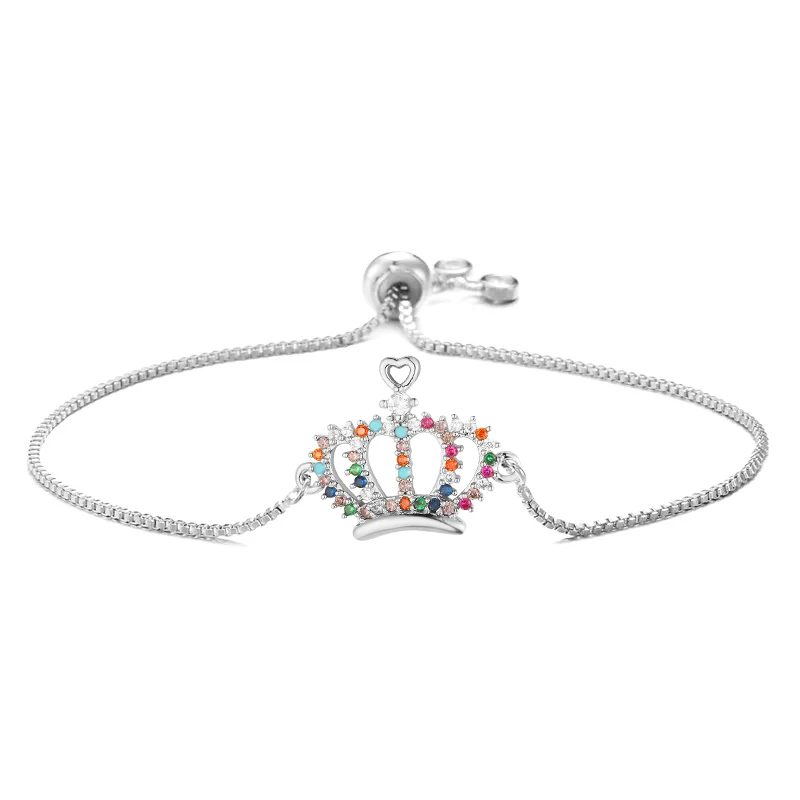 Multicolor Cubic Zircoia Crystal Crown Charm Bracelet Women Red Cord Rainbow CZ Stones Box Chain Adjustable Handmade Jewelry