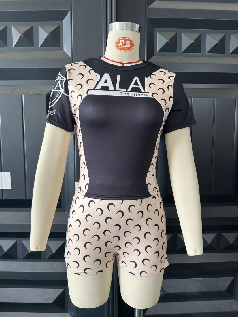 High Street Color Blocked Printed Short Sleeved Top Set Women Slim Fit Versatile T Shirt Plus High Waisted Shorts Two Piece Set