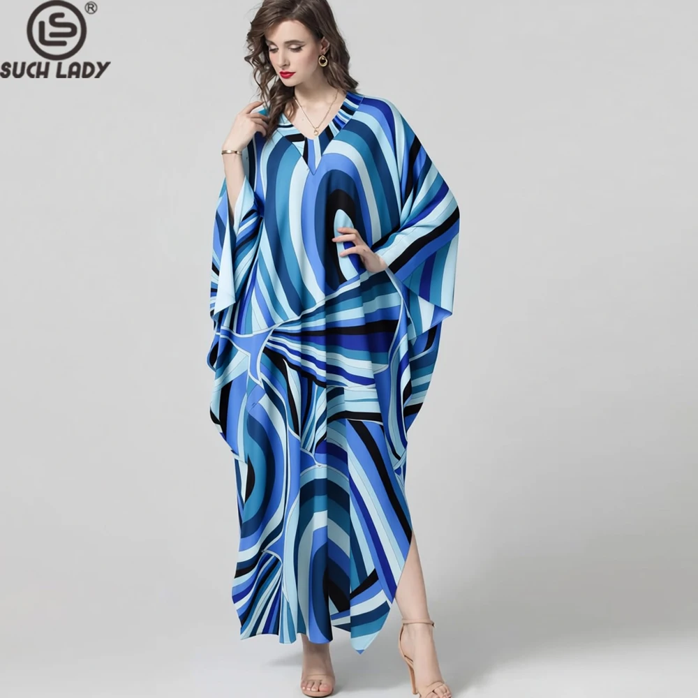 

Women's Blue Abstract Print Kaftan Maxi Dress V Neck Flowy Loose Fit Summer Beach Coverup Robes