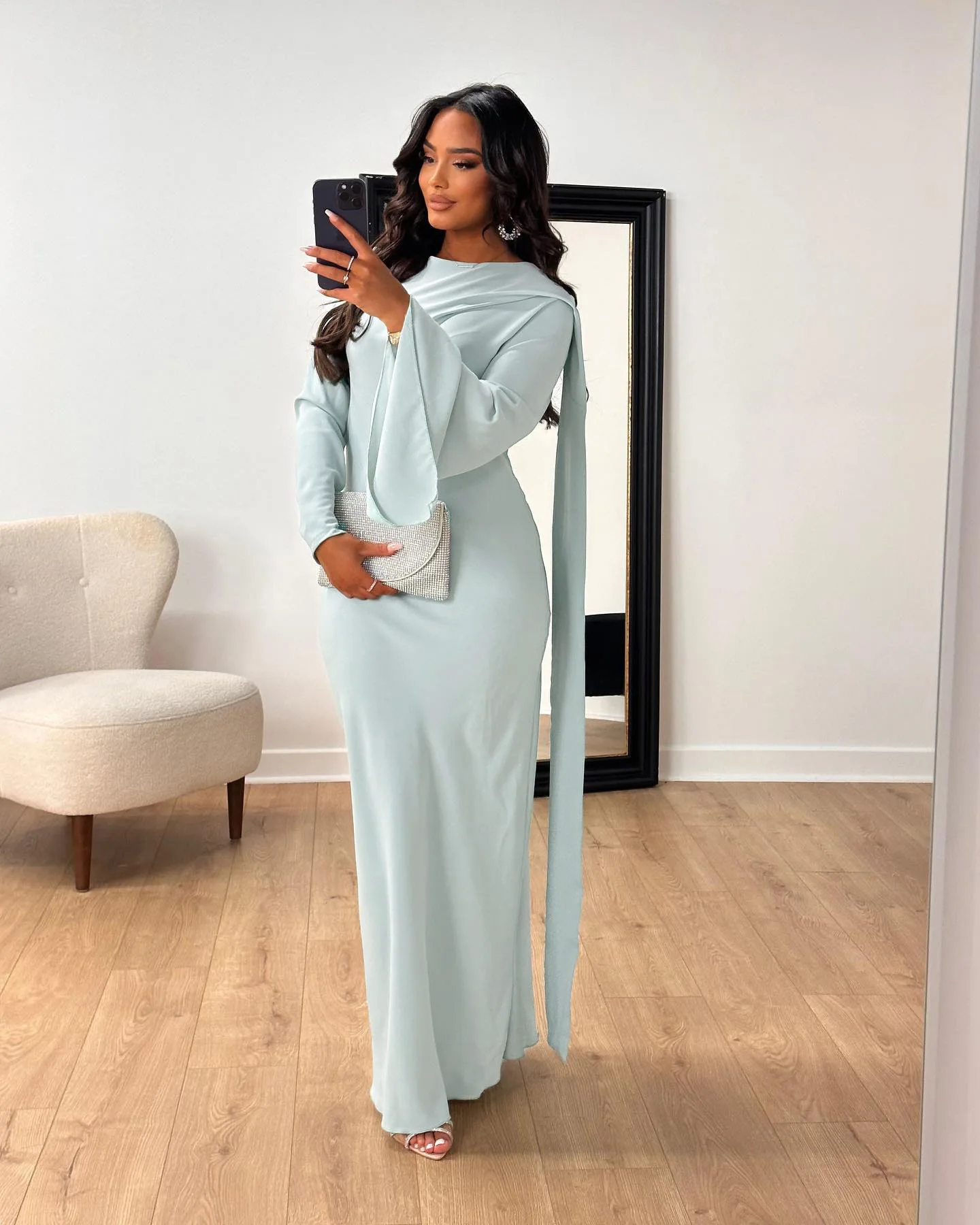 Muslim Clothing Women Satin Solid Flare Sleeves Dress Robe 2024 Fashion Spring Summer Slim Elegant party Long Dresses