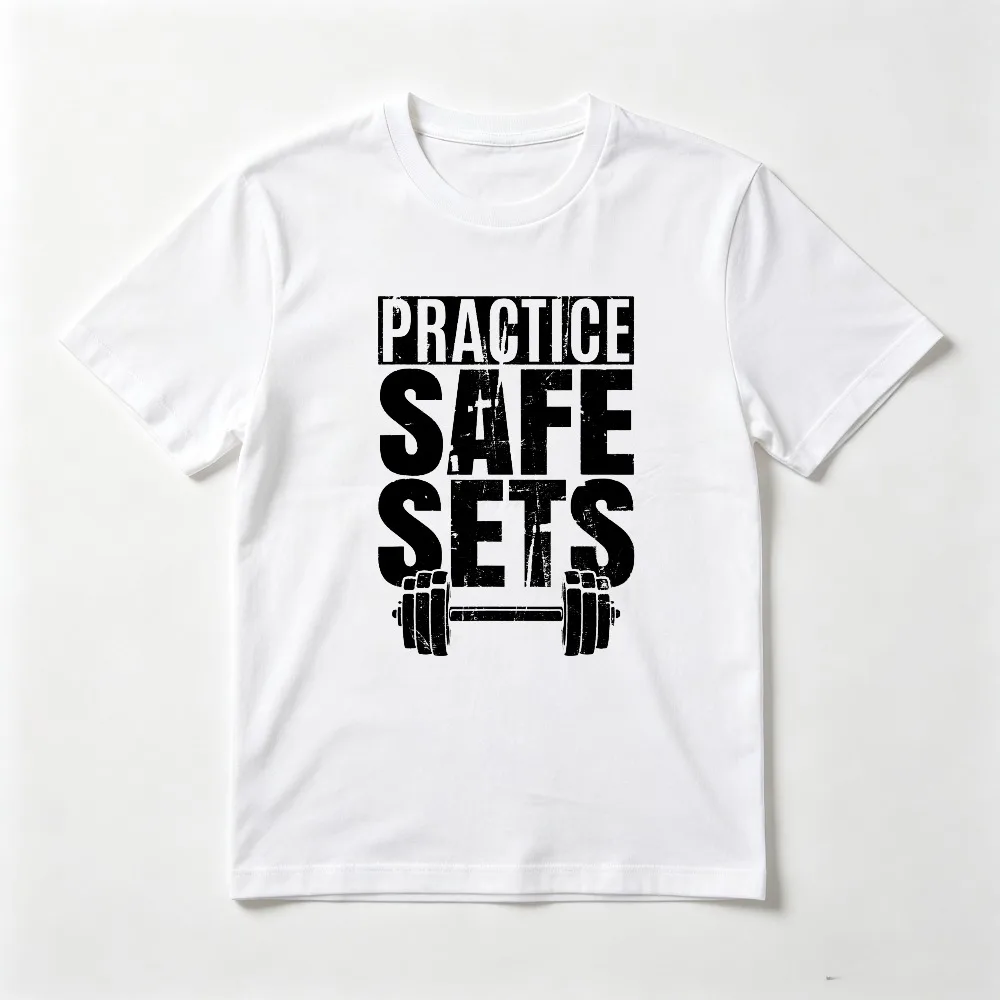 Funny Practice Safe Sets - GYM Weight Lifting Dumbbell Barbell Printed T-Shirt Vintage Style Short Sleeve Summer Men Women Tees
