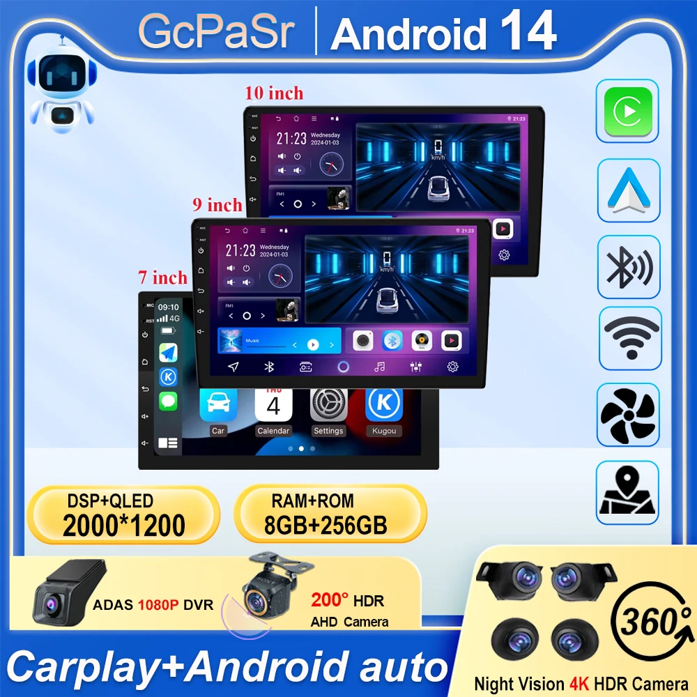 7 9 10 Inch Car Radio Stereo Android 13 Carplay Universal Multimedia HD Screen GPS Navigation Autoradio 2din Head Unit Wifi DSP