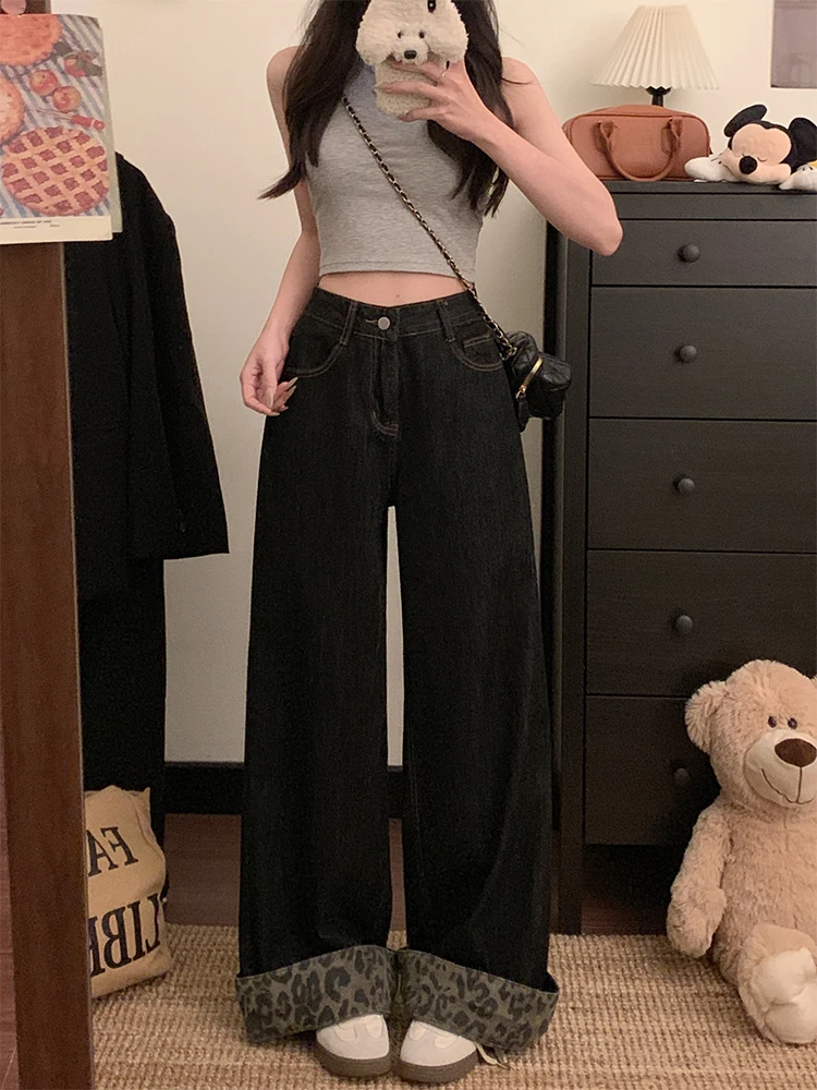 ريترو ليوبارد طباعة واسعة الساق الدينيم الجينز المرأة فضفاضة تناسب عالية الخصر التخسيس حجم كبير عادية عالية الخصر السراويل الطويلة