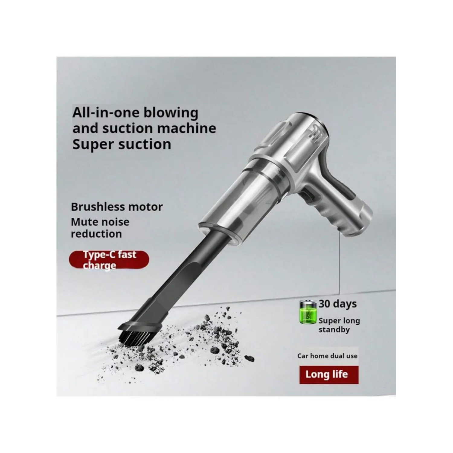 Aspirapolvere per auto/doppio uso, ad alta potenza con funzioni di aspirazione, soffiaggio e ricarica