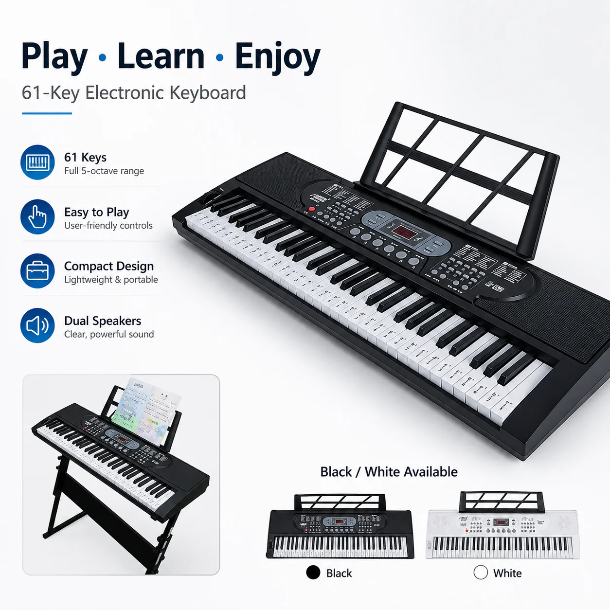 61 Note Digital Music Keyboard Dual Speakers Multifunctional Learning Piano Instrument For Starters