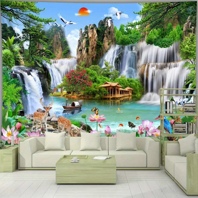 Beautiful Pavilion, Waterfall, Feng Shui Landscape, Tapestry, Polyester Fiber, Living Room Bedroom Office Wall Mounted