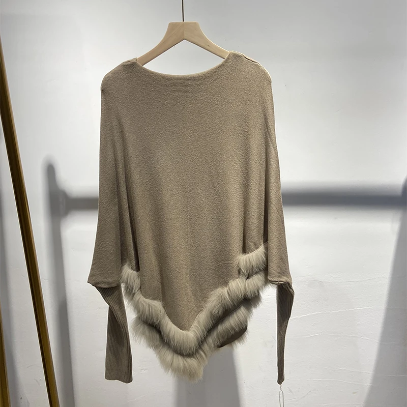 2025年女性用秋の本物のキツネの毛皮ニットオーバーサイズグレーセーターマント本物のキツネの毛皮無地ニットケープ