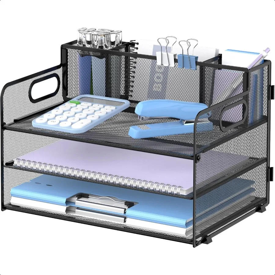 

3 Tier Desk Organizer with Handle and 3 Pen Holders Mesh Paper File Organizer for Desk Paper Letter Tray Organizer for Office S