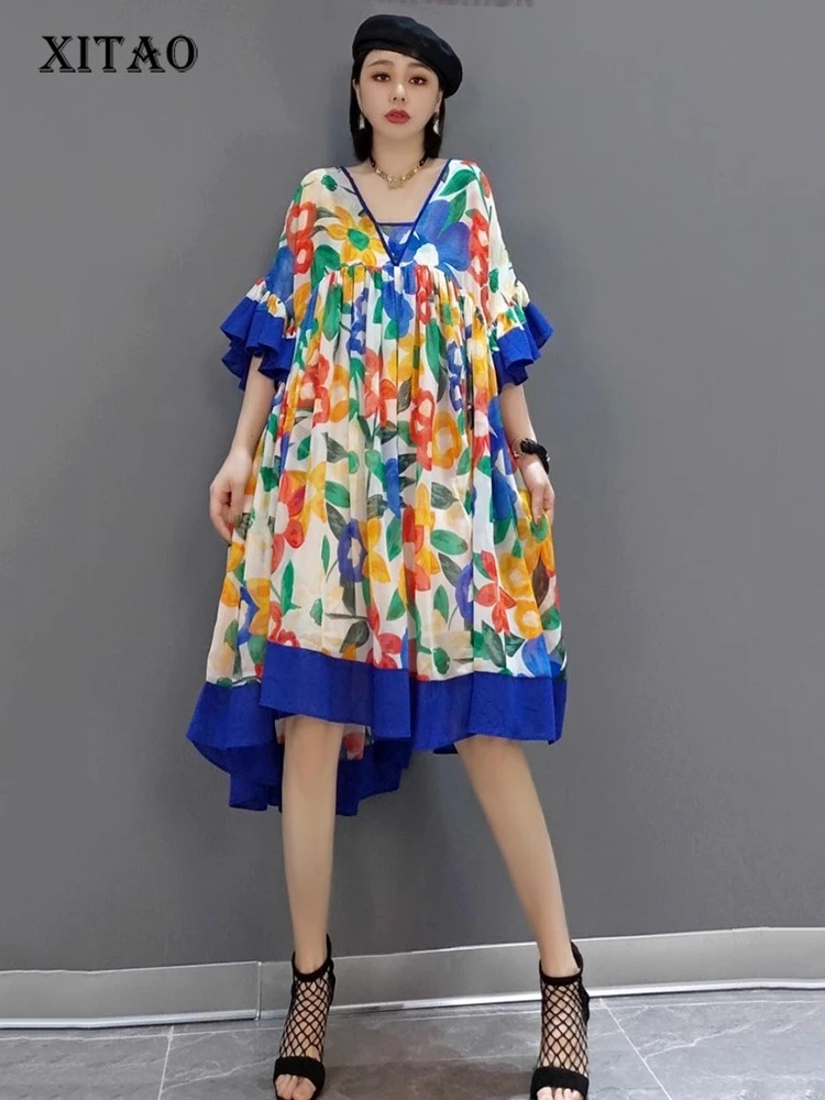 

XITAO Pleated Loose Print Dress V-neck Patchwork Ruffles Casual Temperament Trend Personality Summer Woman Dress ZMY1281