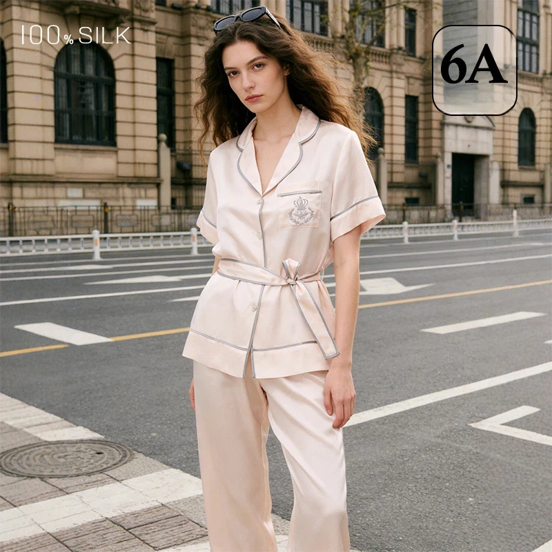 Women 19 Momme Heavy 100% Mulberry Silk Summer Short Sleeve Long Pants Cool Loungewear Outdoor Wear Ladies Sleepwear