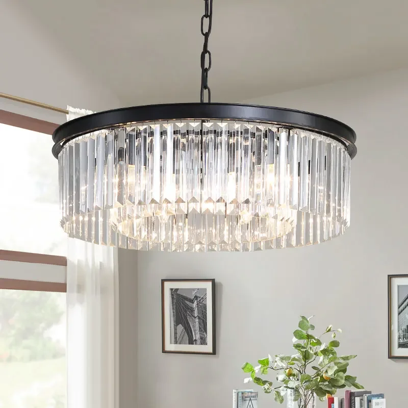 Imagem -02 - Americano Retro Ouro Preto Metal Led Luzes Pingente Chandelier Cadeia Suspensão Lustre Cristal Lâmpada de Suspensão Luminárias Loft E14 k9