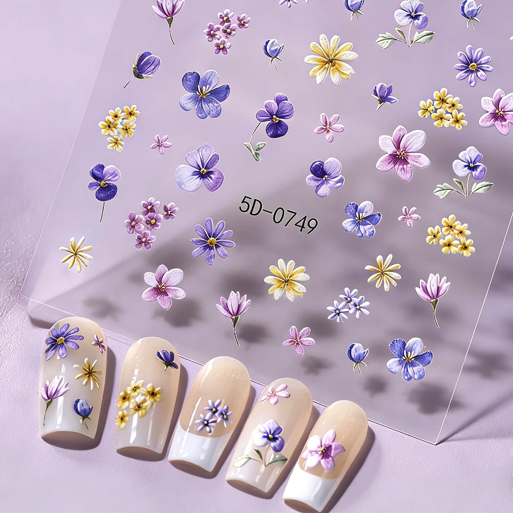 1Pcs 5D Purple Pansy Yellow Daisy Nail Stickers Mixed Spring Floral Self-Adhesive Nails Decals Colorful Blossom Manicure Slider