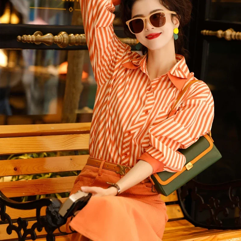 Ladies Fashion Casual Stripe Shirts Blouse Women Tops Woman Button Up Shirt Female Girls Pinkycolor Long Sleeve Clothes Vy952