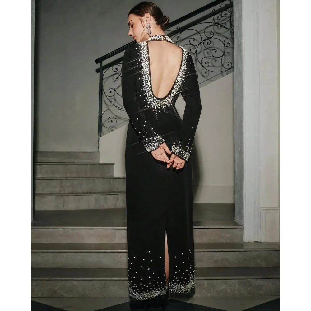 Preto modesto vestido de noite alta pescoço manga longa beadings vestido de festa de luxo fenda volta tornozelo comprimento vestido de baile personalizado