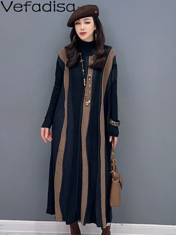 

Vefadisa 2024 Autumn Winter New Brown Striped Women Sweater Dresses O-neck Long Sleeves Mid-length Knitted Dress ZXY873AF1