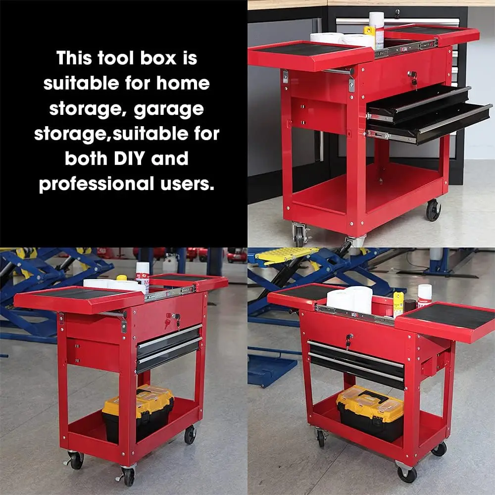 HPDMC Steel Tool Service Utility Push Cart with Lockable Drawers & Sliding Top 2-Drawer Garage Rolling Storage Tool Chest