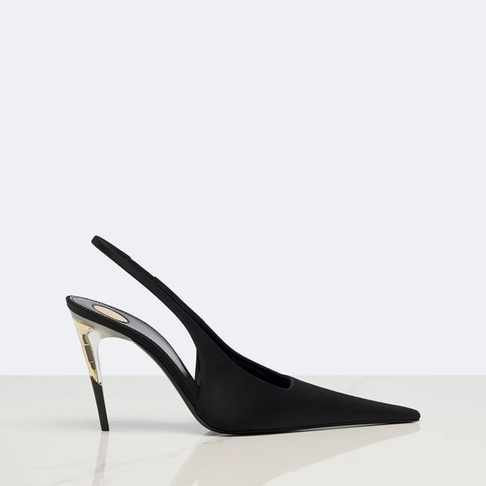 Women Satin Pointed‑Toe Stiletto Pumps with Clear Heel, Elegant Back Strap Dress Heels for Formal Dating Club Occasions view 4