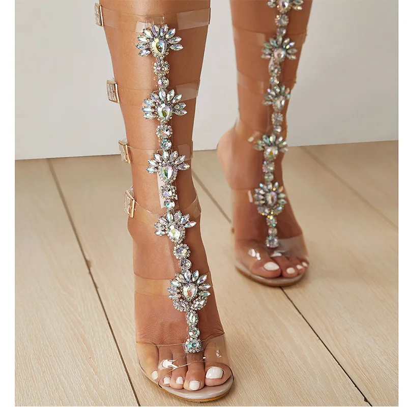 Strass Super High Thin Heels T-gebundene Chauss ure Femme Schnalle Riemen Buty Damskie Peep Toe Hua raches transparente Schnürsenkel heilig