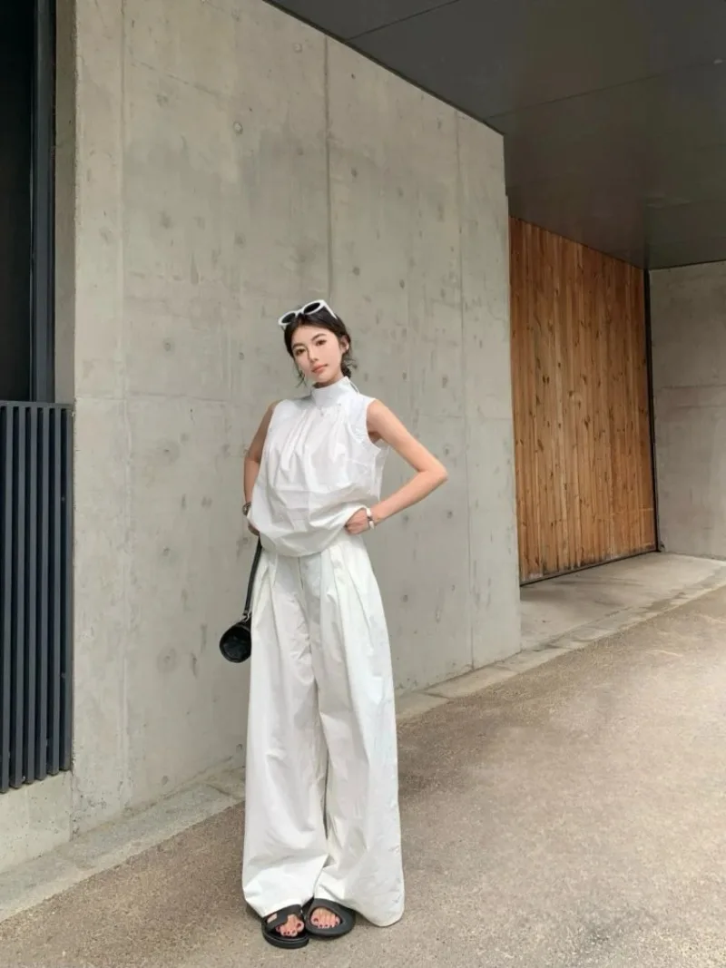 

Elegant Women Outfit Set Sleeveless Shirt With Bow Wide Leg Pants French Style Design Sense