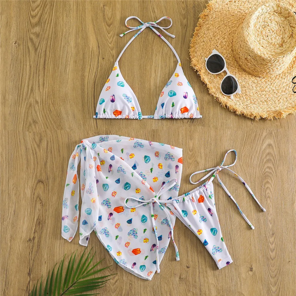 Girl Bikini Sets Sexy Printing Gemstone Print Triangle Micro Thong 3 Piece Swimwear Frenulum Halter Swimsuits Bathing Suit Beach