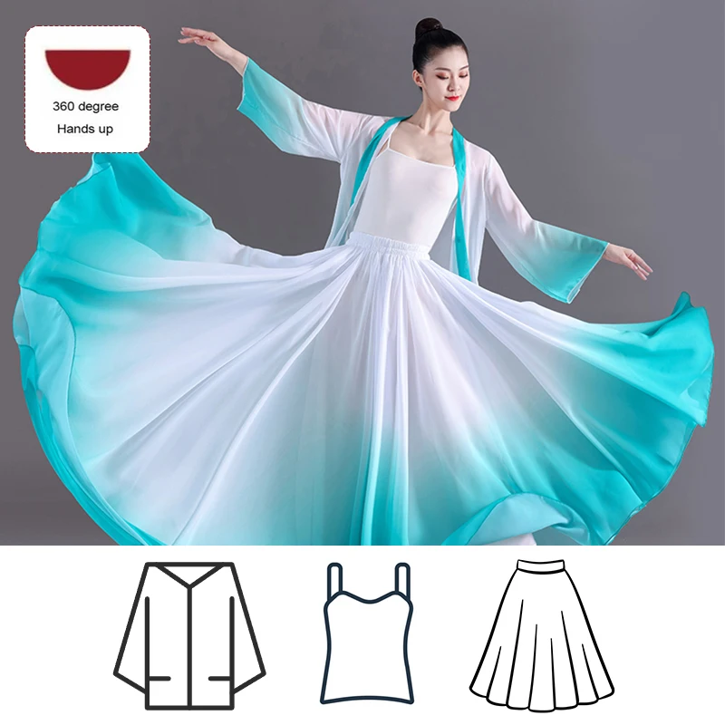 NONE 3-teiliges Set Damen Elegantes Klassisches Tanzkleid mit Oberteil, Trägerkleid, Volkstanz-Farbverlauf-Tanzrock, Ballett-Tanzkostüm 6