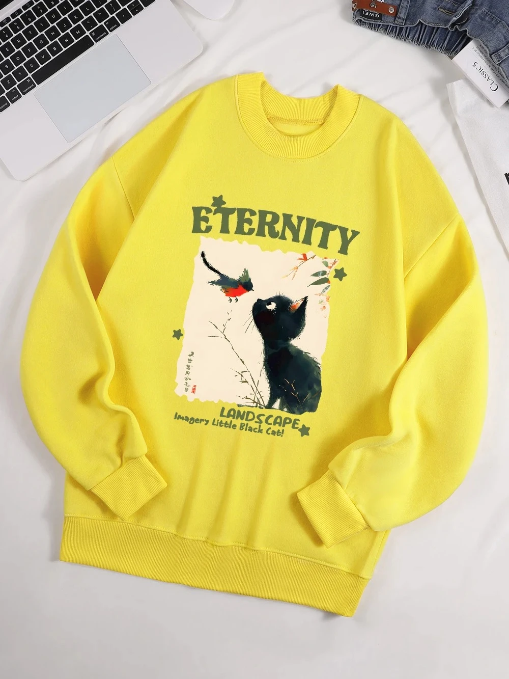 2025 automne hiver chat avec oiseau mignon imprimé sweats à capuche femmes polaire sweats pull décontracté confortable femmes vêtements