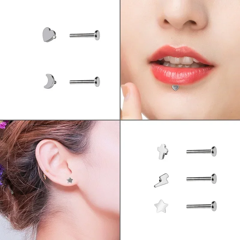 ASTM F136 التيتانيوم الشفاه مسمار ثقب اللسان مسمار البرق/شكل قلب اللسان مسمار الأذن ترصيع الخيوط القرط PIERC مجوهرات للجسم