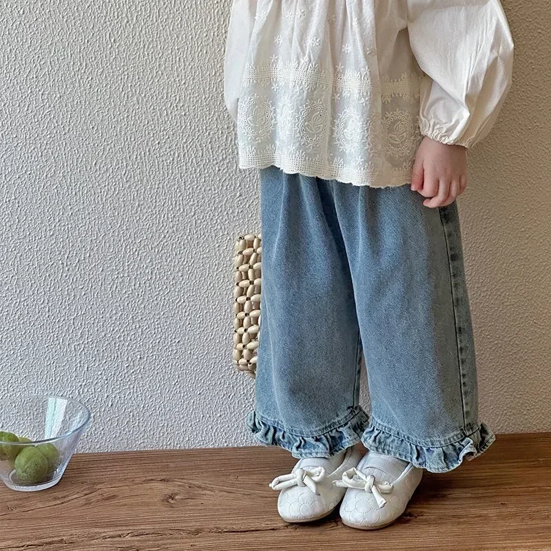 Kids Jeans Girls New 2024 Spring  Autumn Childrens Fashion Casual Wide-leg Pants Lace Princess Sweet and Lovely