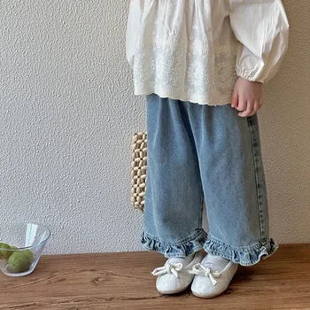 Kids Jeans Girls New 2024 Spring  Autumn Childrens Fashion Casual Wide-leg Pants Lace Princess Sweet and Lovely 5