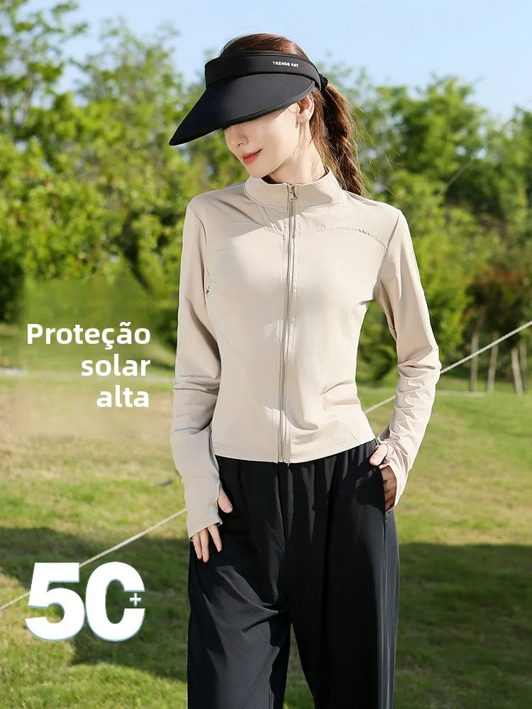 ice-silk-women's-summer-thin-stand-collar-fitness-yoga-clothes-sun-protection-slimming-top-zipper-closure-long-sleeve-regular