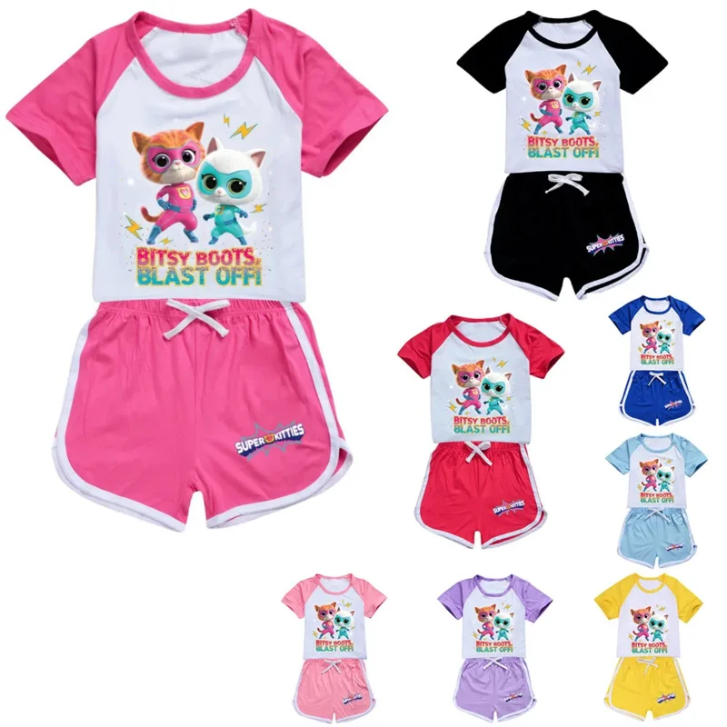 AIAI 2025 костюмы SuperKitties, футболка, шорты, детская одежда Supererkitties, летняя одежда для маленьких мальчиков, футболка с короткими рукавами для маленьких девочек