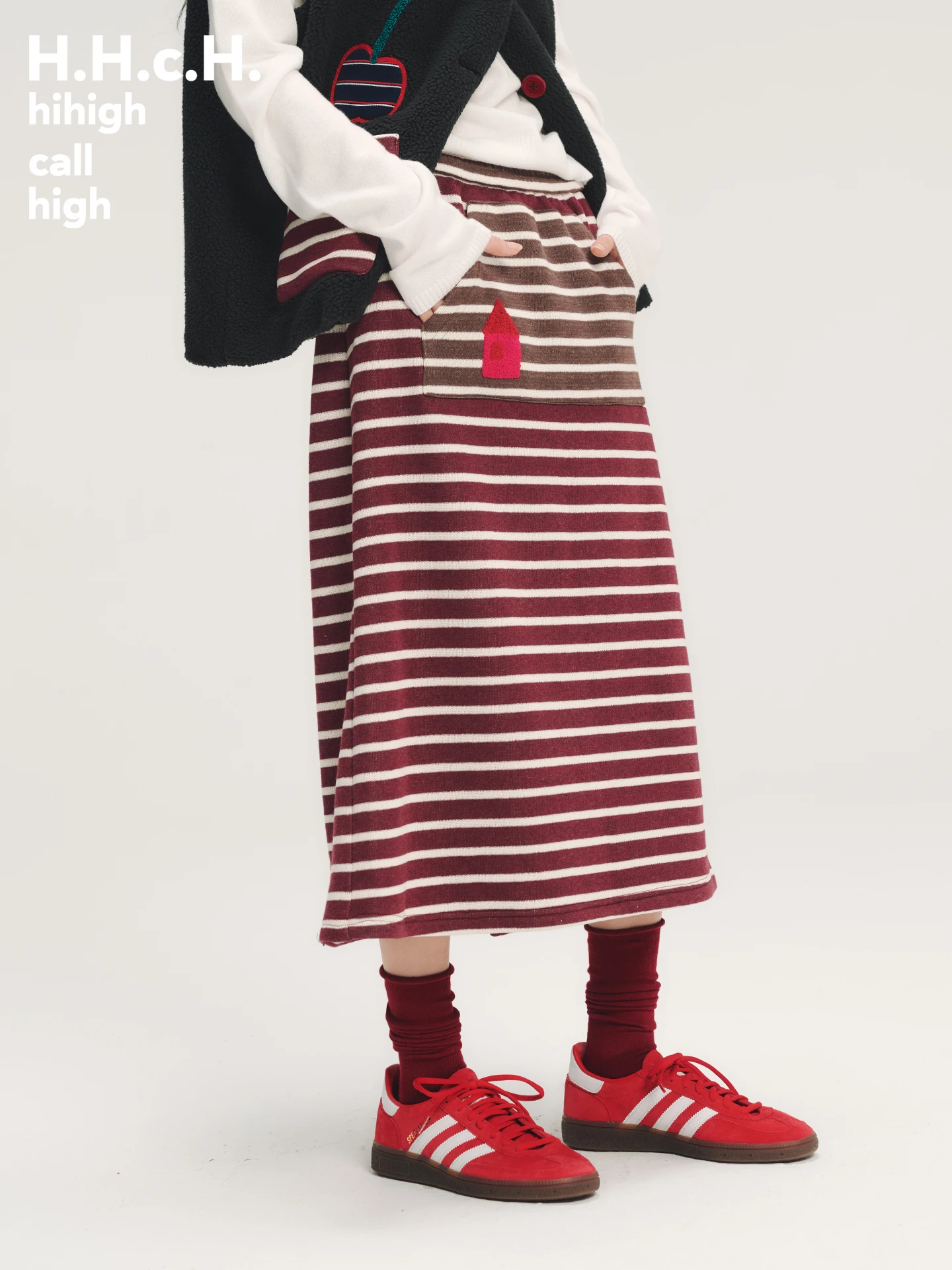 

HHAW25EmbroideredElasticWaistFdfSkirtWith3DReliefAtripedPatchworkForWomenCiWalkAndTravel