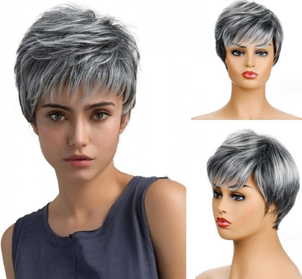 

Womens Short Grey Wig Layered Pixie Hair Wig Synthetic Heat Resistant Daily Gift