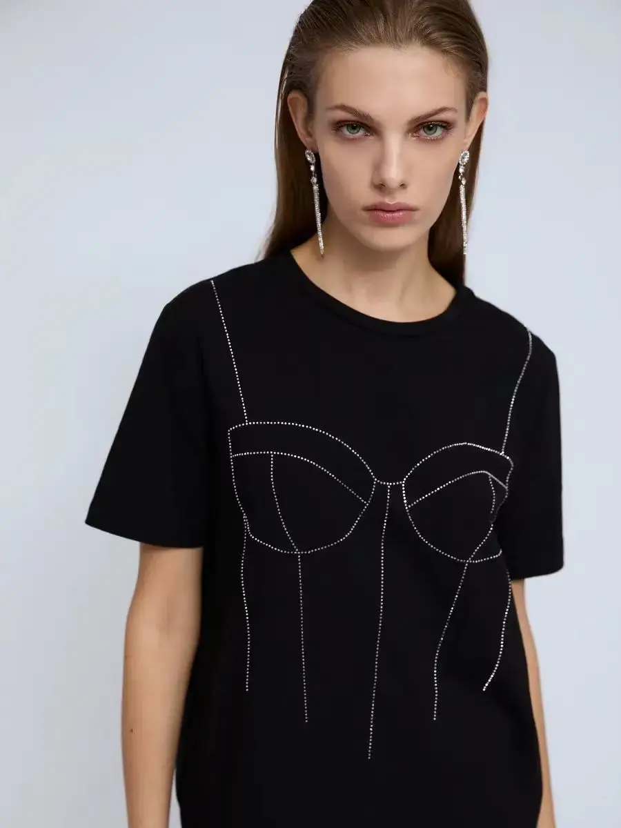 Women Black Oversize T Shirt Rhinestone Bra Outline Print Short Sleeve O Neck Y2K Fashion Casual Tops