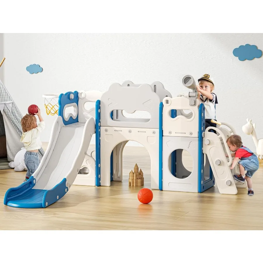 

Toddler Slide Indoor 8 in 1 Indoor Playground for 1-3 Toddler Playset with Climber Basketball Hoop Tunnel and Storage Space Out