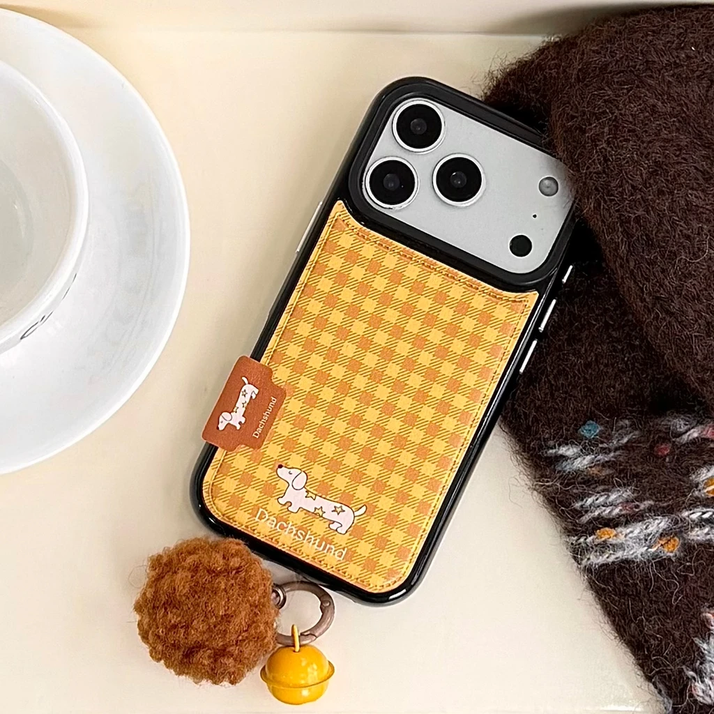 Fashion Simple Yellow Grid Pattern Plush Ball Bell Pendant Shockproof Protective Phone Cover Case for iPhone 17 16 15 14 Pro Max