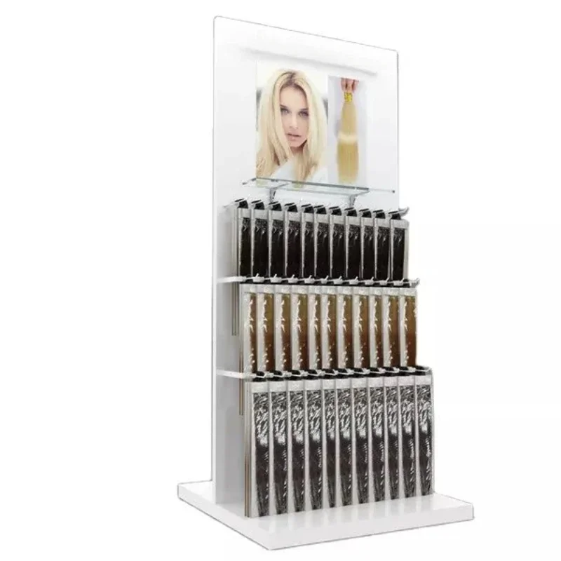 Custom Logo Hair Extension Display Rack Free Standing Nail Beauty Store Cosmetic Shop Hair Salon Display Stand