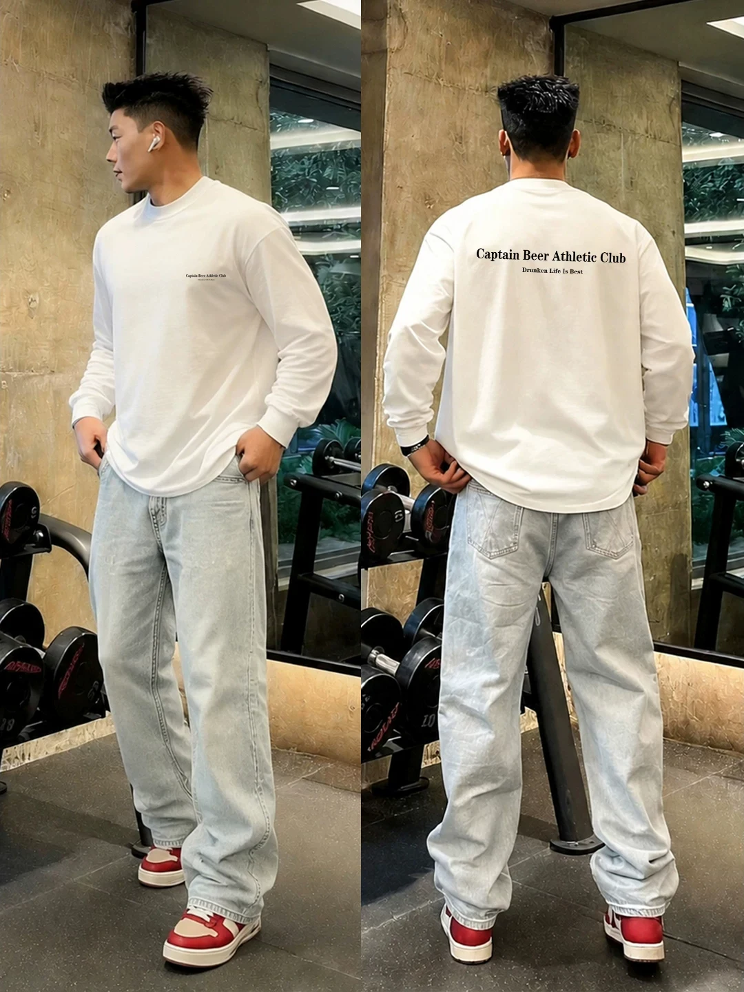 Camiseta Masculina Cleanfit Estilo Americano de Manga Longa Branca de Algodão Pesado para Jovens, Camisa Base Casual de Caime...