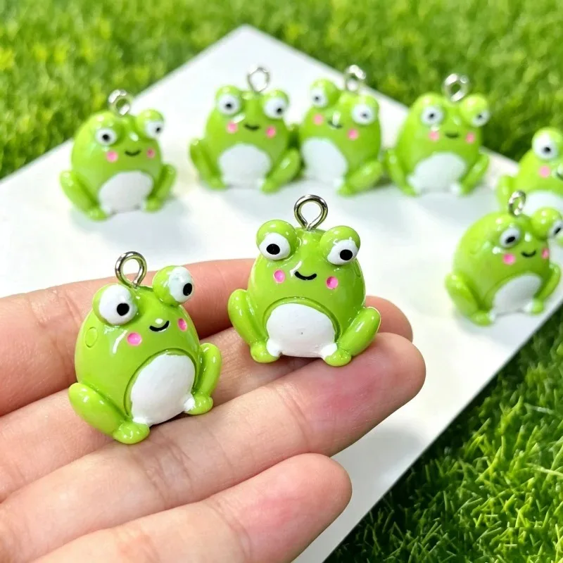 10pcs Kawaii 3D Green Frog Resin Charms Kawaii Smiling Animal Pendant DIY For Earring Keychains Jewelry Making Craft Findings