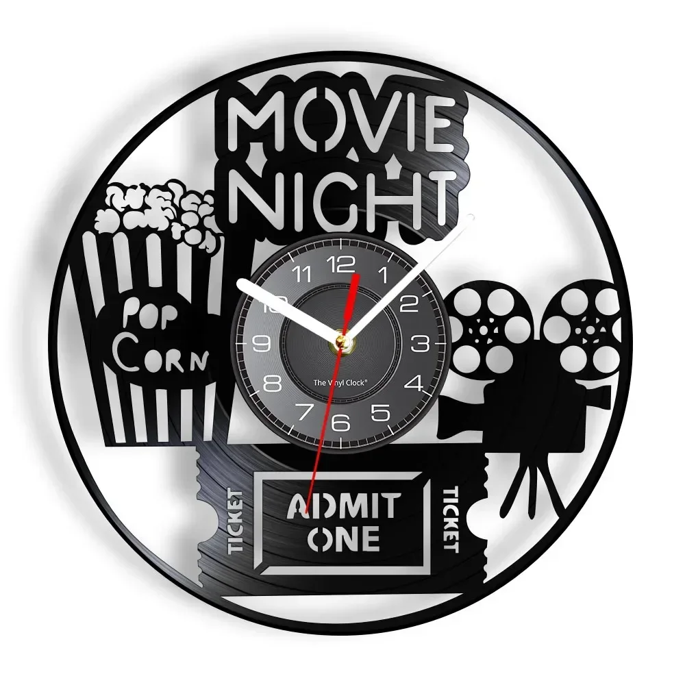 Movie Night Inspired Vinyl Record Wall Clock Home Cinema Pop Corn Movie Theater Sign Laser Cut Music Album Disk Crafts Clock