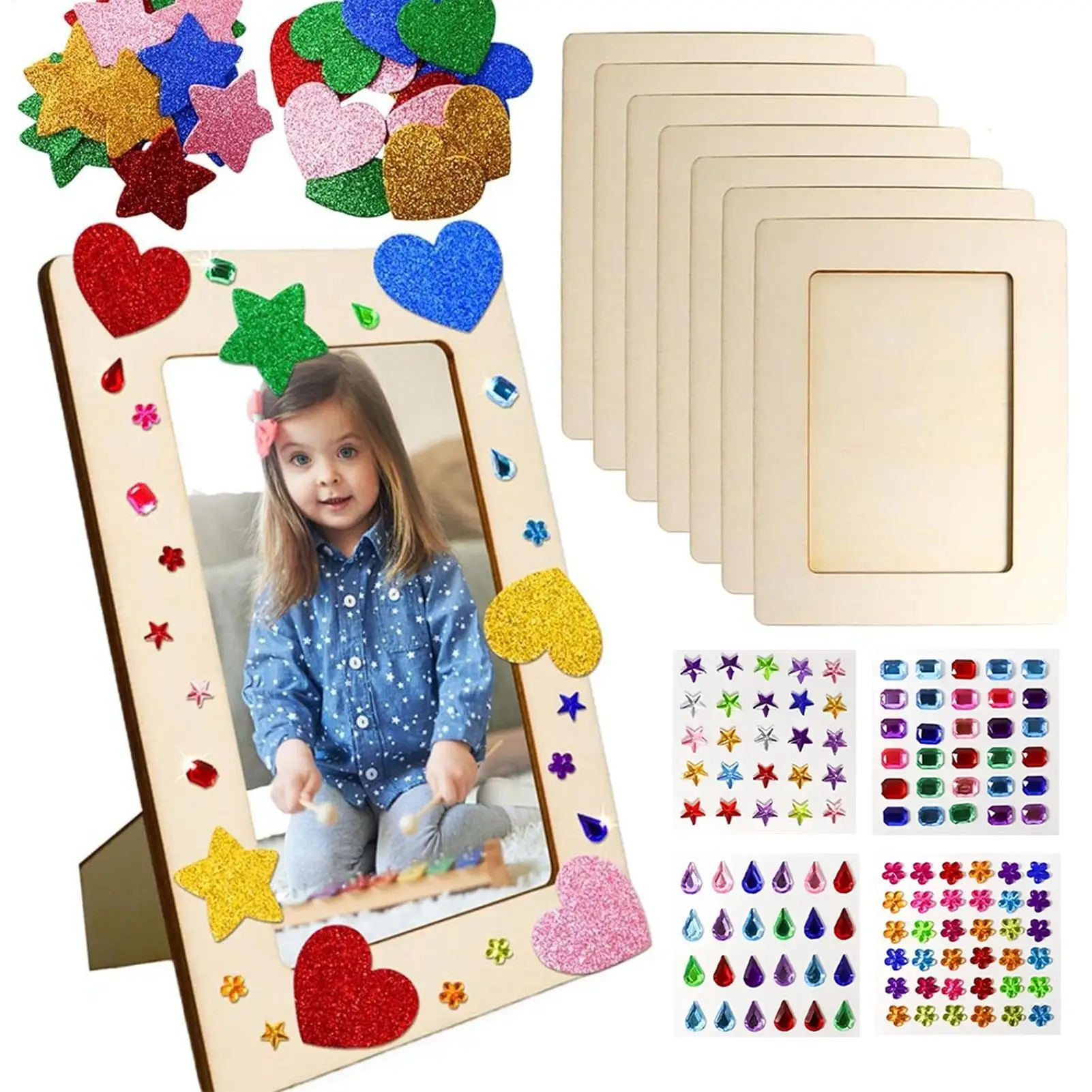 

8pcs/set Wooden Picture Frame Set Unfinished DIY Photo Frame with Stickers Painting Tools Color Rhinestone Stickers for Kid