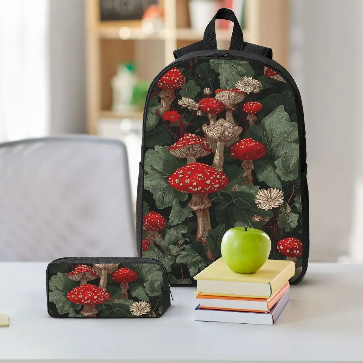 Red Mushroom And Plant Design Backpack Student BookBag School Bag Shoulder Bags 3ps Insulated Lunch Bag Pencil Case