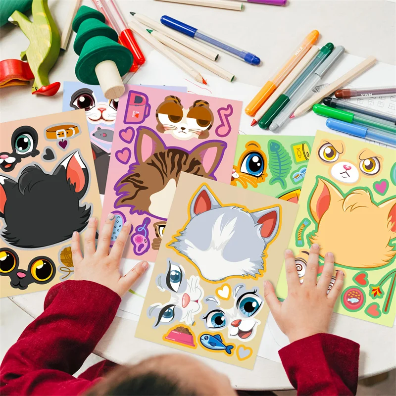 6-24Sheet Make Your Own Cats Stickers Kids DIY Make-A-Face Sticker Party Games School Activity Reward Puzzle Jigsaw Children Toy