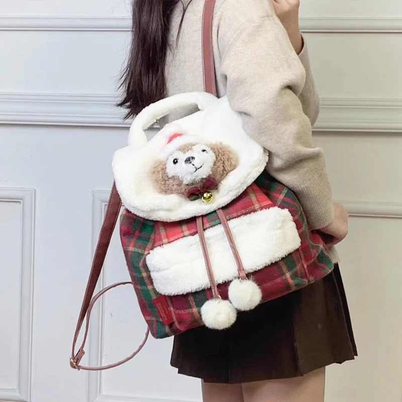 Christmas Fashion Backpacks For Women Luxury Designer Handbags And Purses 2024 New In Bear Head Puffer Ball Plaid Cloth Shoulder