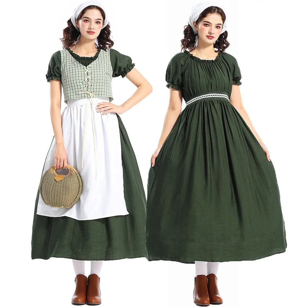 Umorden Historical Colonial Prairie Pioneer Girl Costume Women Medieval Victorian Dress Dark Green Plaid Vest Short Sleeve