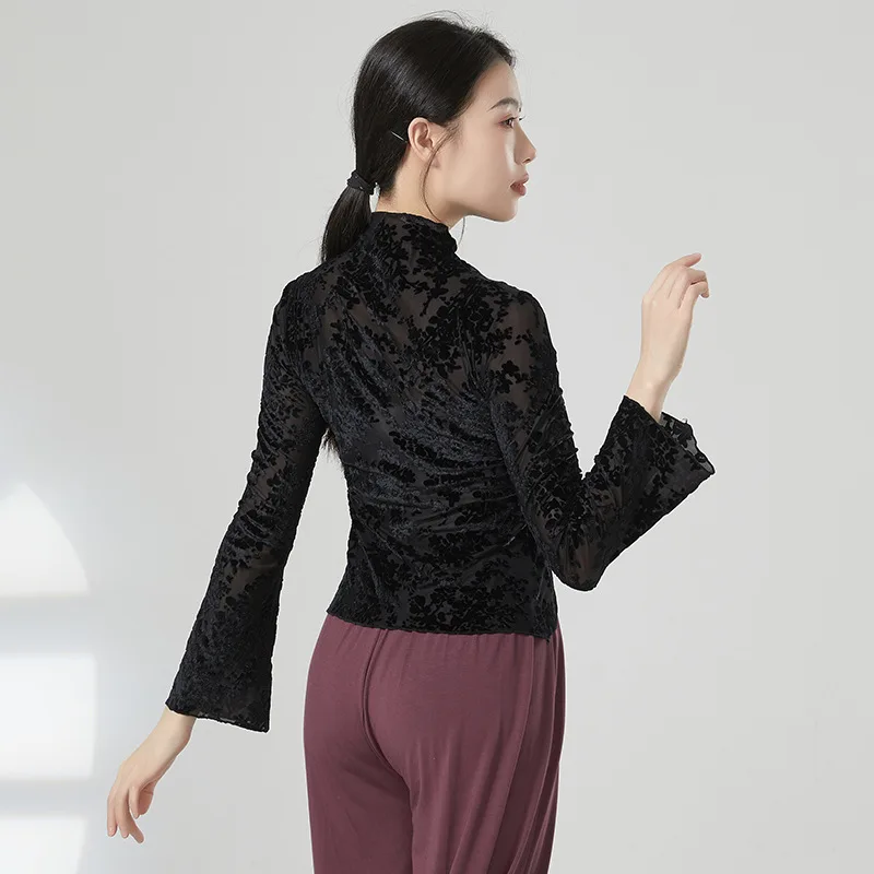 大人スリムフィット花柄メッシュフロックモックネックベリーダンス長袖ブラウスショートトップ衣装女性のための運動ダンス服
