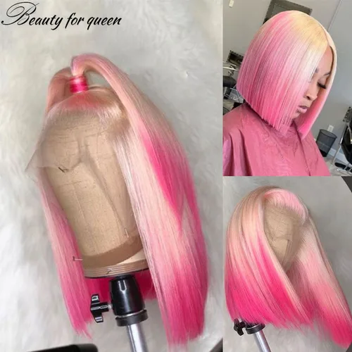 Imagen 1 del producto Pelucas de cabello humano Rubio miel 613 rosa 13x4 con encaje frontal para mujer peluca Bob corta Ombre color rosa peluca recta Bob prearrancada